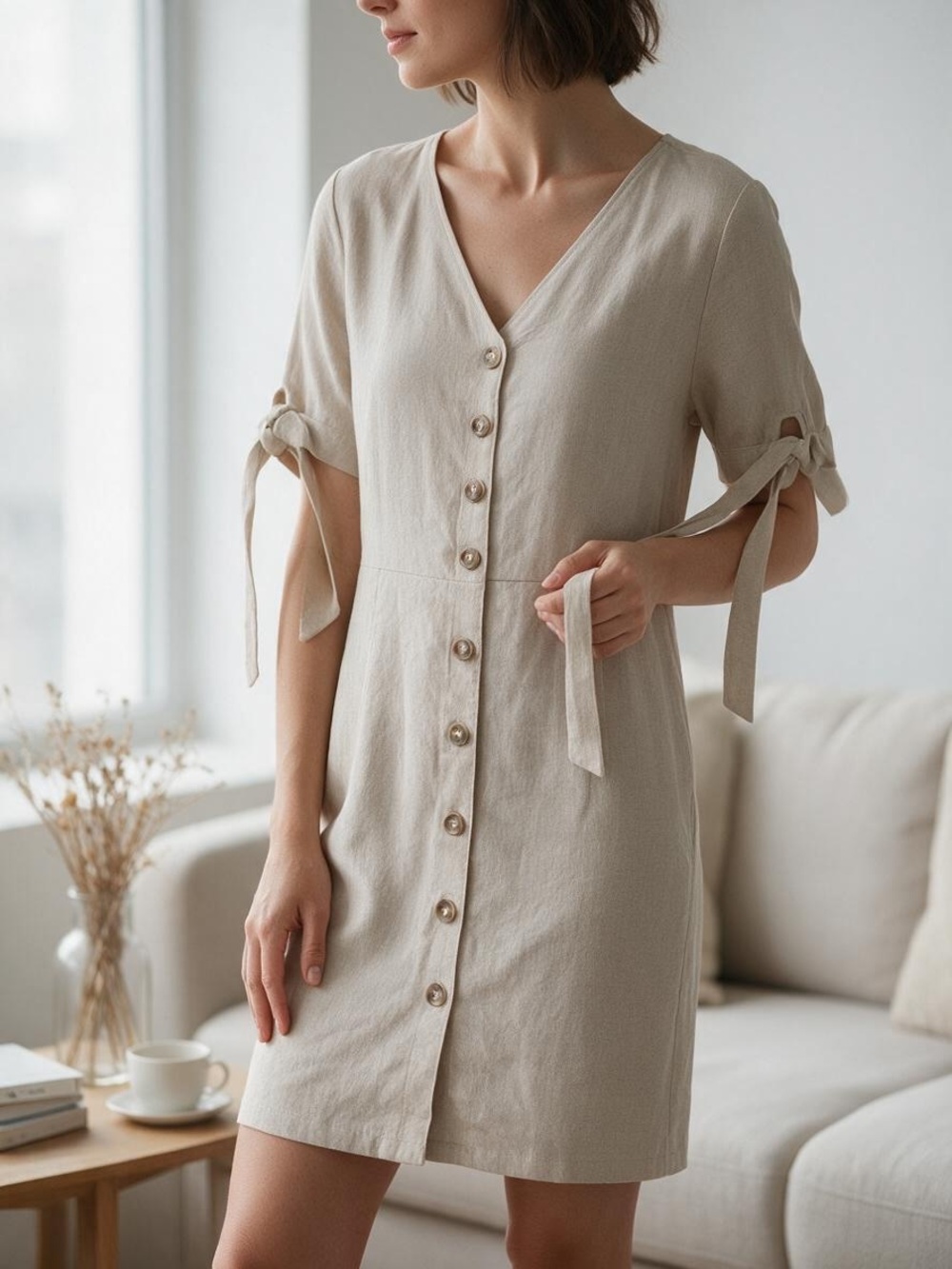 Women’s Tie-Sleeve Button-Front Linen Dress - Cream